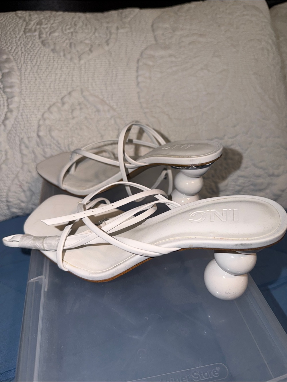 INC International Concepts White Strappy Sculpted Heel Mules
